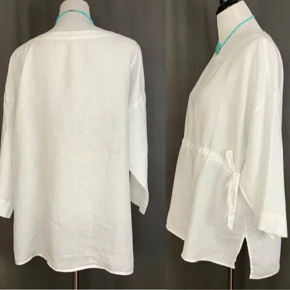 Eileen Fisher Handkerchief Linen Drawstring 3/4 Sleeves Top White Sz L - Picture 7 of 16